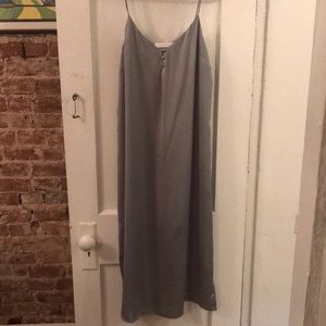 Long satin lined, silver blue dress.